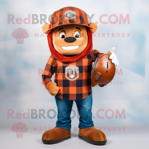 Rust American Football Helmet mascot costume character dressed with a Flannel Shirt and Shawl pins
