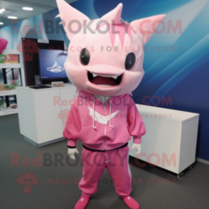 Pink Swordfish mascot costume character dressed with a Sweatshirt and Hair clips