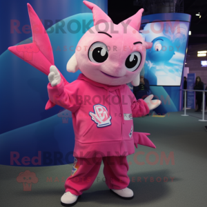 Pink Swordfish mascot costume character dressed with a Sweatshirt and Hair clips