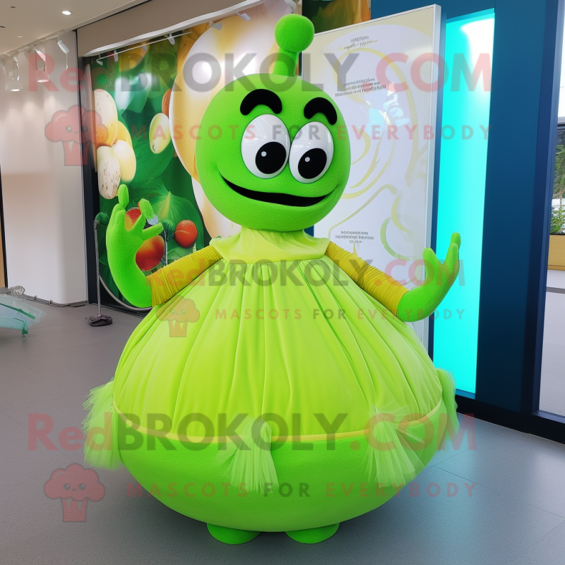 Lime Green Moussaka mascot costume character dressed with a Ball Gown and Rings Lime Green Moussaka mascot costume character dressed with a Ball Gown and Rings