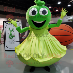 Lime Green Moussaka mascot costume character dressed with a Ball Gown and Rings