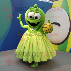 Lime Green Moussaka mascot costume character dressed with a Ball Gown and Rings