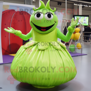 Lime Green Moussaka mascot costume character dressed with a Ball Gown and Rings