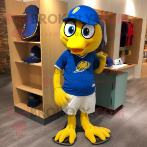 Yellow Blue Jay mascot costume character dressed with a Henley Tee and Backpacks