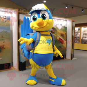 Yellow Blue Jay mascot costume character dressed with a Henley Tee and Backpacks