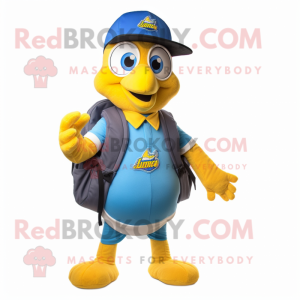 Yellow Blue Jay mascot costume character dressed with a Henley Tee and Backpacks