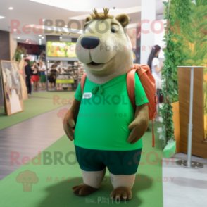 Forest Green Capybara mascot costume character dressed with a Graphic Tee and Messenger bags