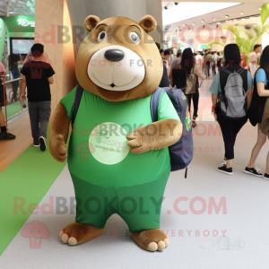 Forest Green Capybara mascot costume character dressed with a Graphic Tee and Messenger bags