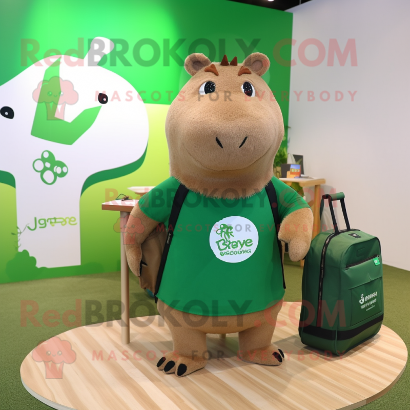 Forest Green Capybara mascot costume character dressed with a Graphic Tee and Messenger bags