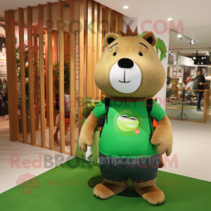 Forest Green Capybara mascot costume character dressed with a Graphic Tee and Messenger bags