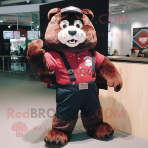 Maroon Spectacled Bear mascot costume character dressed with a Overalls and Digital watches