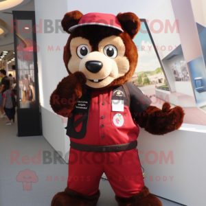 Maroon Spectacled Bear mascot costume character dressed with a Overalls and Digital watches