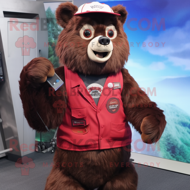 Maroon Spectacled Bear mascot costume character dressed with a Overalls and Digital watches