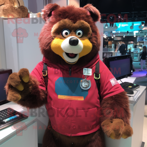 Maroon Spectacled Bear mascot costume character dressed with a Overalls and Digital watches