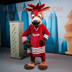 Red Okapi mascot costume character dressed with a Wrap Dress and Beanies