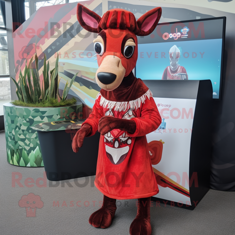 Red Okapi mascot costume character dressed with a Wrap Dress and Beanies