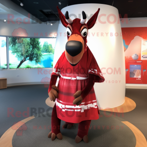 Red Okapi mascot costume character dressed with a Wrap Dress and Beanies