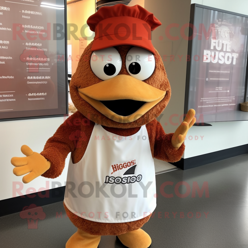 Rust Chicken Parmesan mascot costume character dressed with a Wrap Skirt and Caps Rust Chicken Parmesan mascot costume character dressed with a Wrap Skirt and Caps
