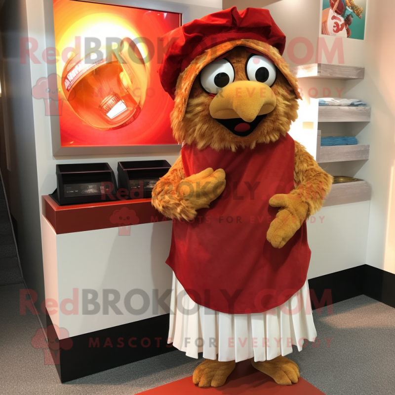 Rust Chicken Parmesan mascot costume character dressed with a Wrap Skirt and Caps Rust Chicken Parmesan mascot costume character dressed with a Wrap Skirt and Caps