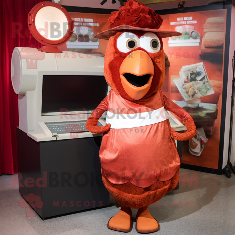 Rust Chicken Parmesan mascot costume character dressed with a Wrap Skirt and Caps Rust Chicken Parmesan mascot costume character dressed with a Wrap Skirt and Caps