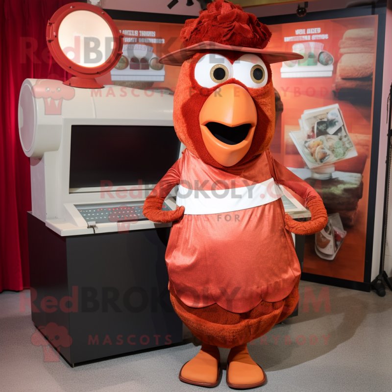 Rust Chicken Parmesan mascot costume character dressed with a Wrap Skirt and Caps