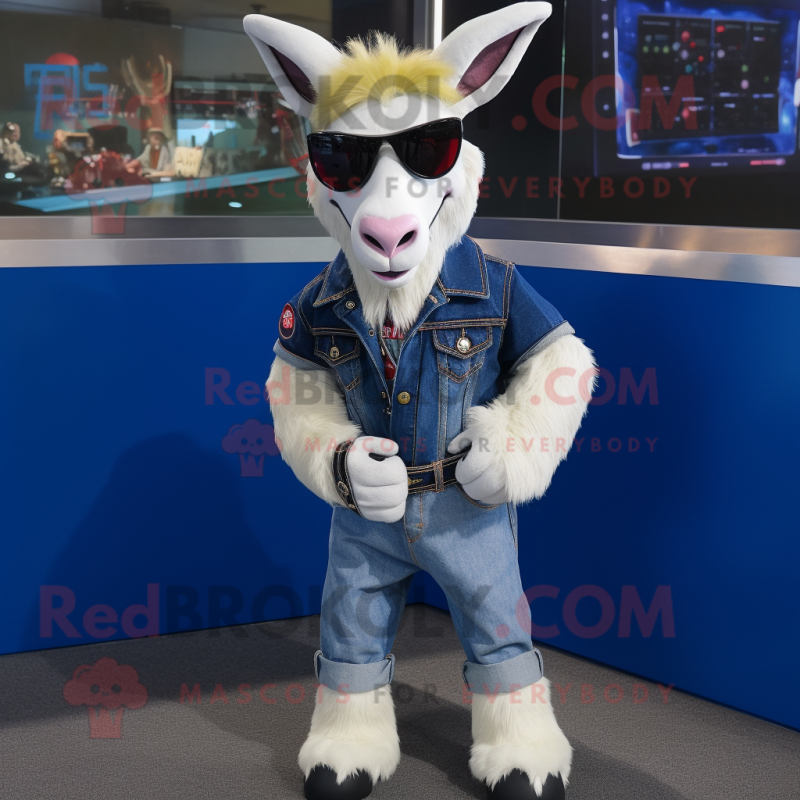 White Goat mascot costume character dressed with a Jeans and Sunglasses