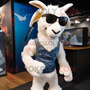 White Goat mascot costume character dressed with a Jeans and Sunglasses