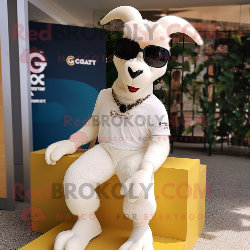 White Goat mascot costume character dressed with a Jeans and Sunglasses