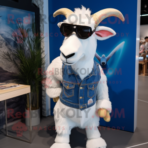 White Goat mascot costume character dressed with a Jeans and Sunglasses