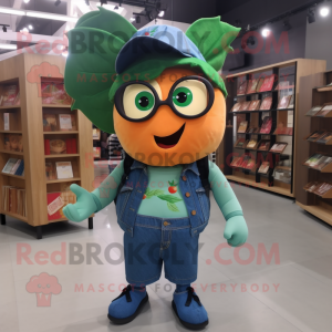 Peach Spinach mascot costume character dressed with a Denim Shorts and Reading glasses