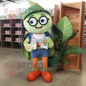 Peach Spinach mascot costume character dressed with a Denim Shorts and Reading glasses