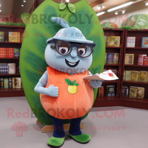 Peach Spinach mascot costume character dressed with a Denim Shorts and Reading glasses