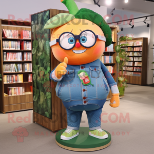 Peach Spinach mascot costume character dressed with a Denim Shorts and Reading glasses