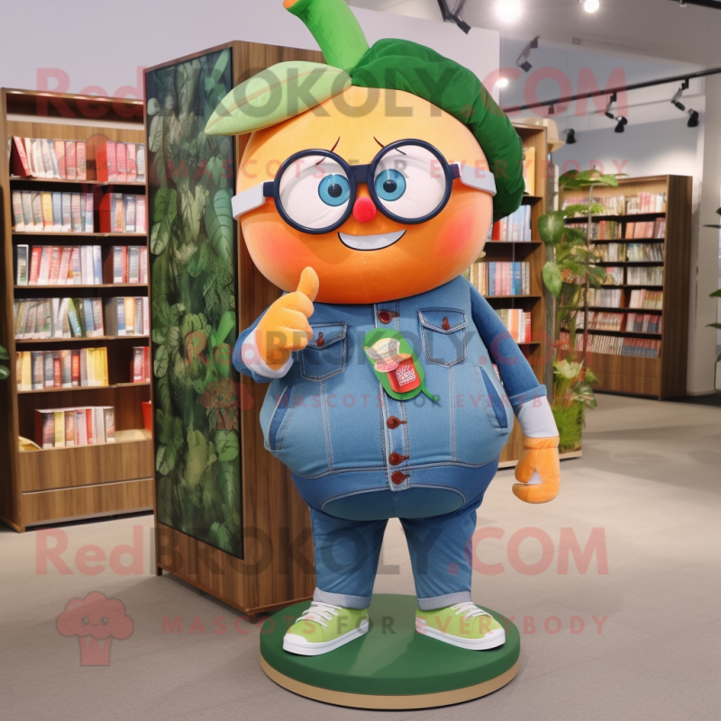 Peach Spinach mascot costume character dressed with a Denim Shorts and Reading glasses