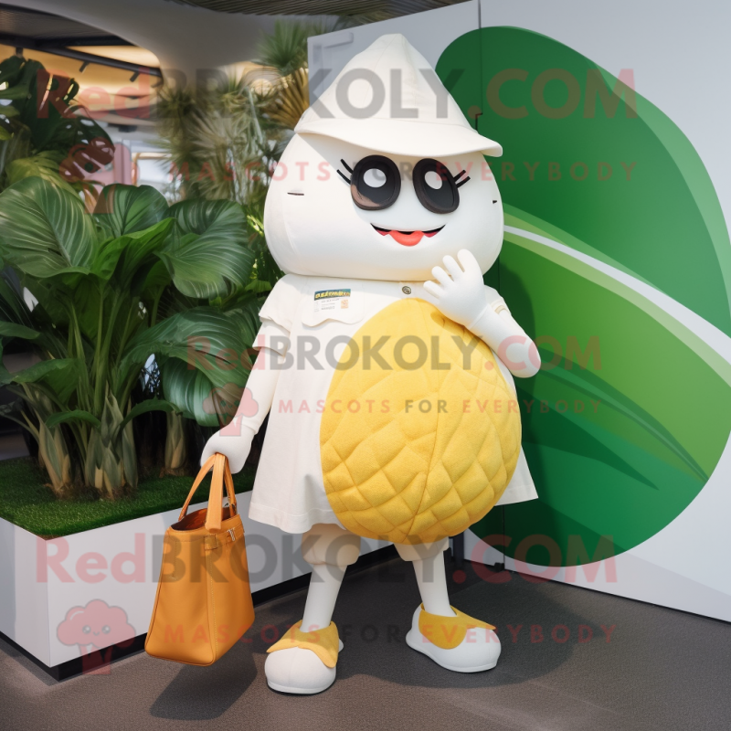 White Mango mascot costume character dressed with a Playsuit and Handbags