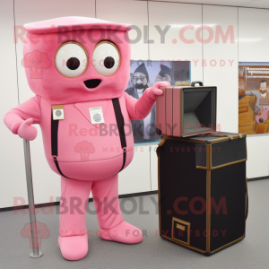 Pink Camera mascot costume character dressed with a Jumpsuit and Briefcases
