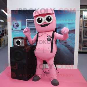 Pink Camera mascot costume character dressed with a Jumpsuit and Briefcases