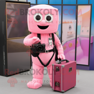 Pink Camera mascot costume character dressed with a Jumpsuit and Briefcases