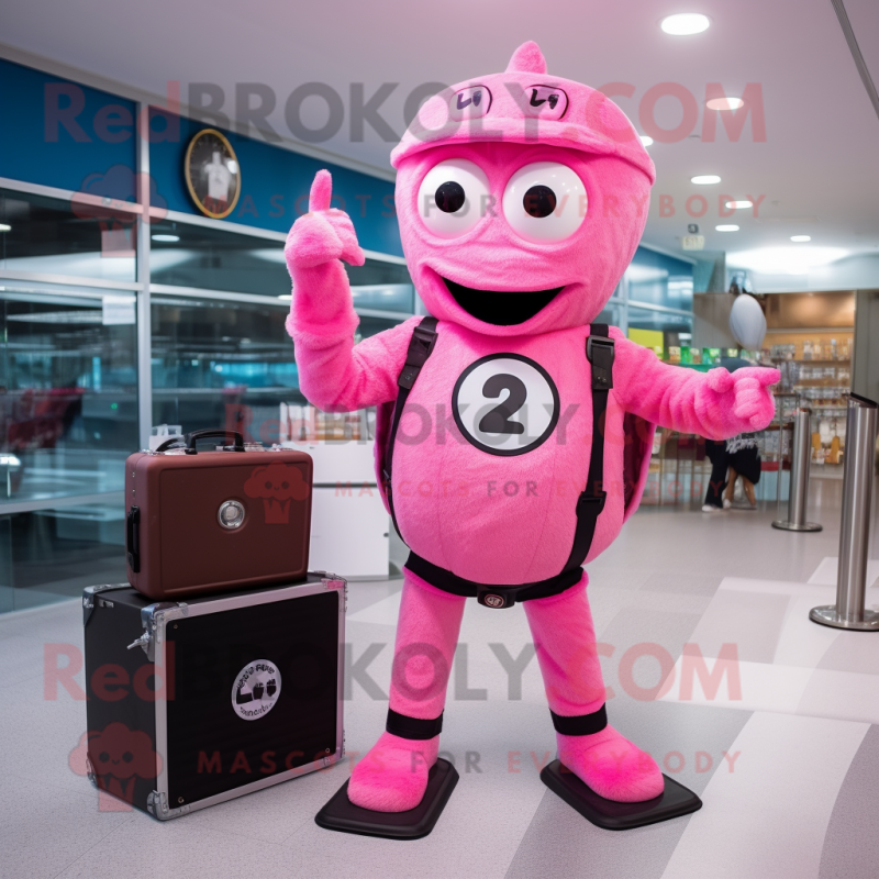 Pink Camera mascot costume character dressed with a Jumpsuit and Briefcases