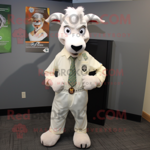 Cream Goat mascot costume character dressed with a Button-Up Shirt and Tie pins