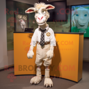 Cream Goat mascot costume character dressed with a Button-Up Shirt and Tie pins