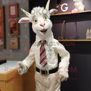 Cream Goat mascot costume character dressed with a Button-Up Shirt and Tie pins