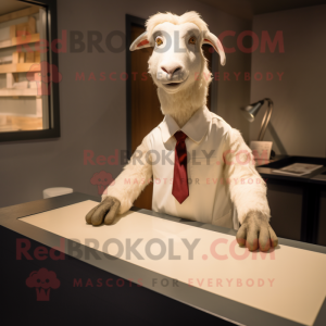 Cream Goat mascot costume character dressed with a Button-Up Shirt and Tie pins