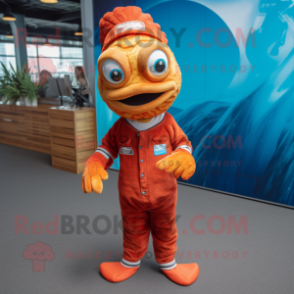 Rust Betta Fish mascot costume character dressed with a Jumpsuit and Anklets