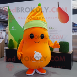 Orange Pear mascot costume character dressed with a T-Shirt and Beanies