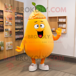 Orange Pear mascot costume character dressed with a T-Shirt and Beanies