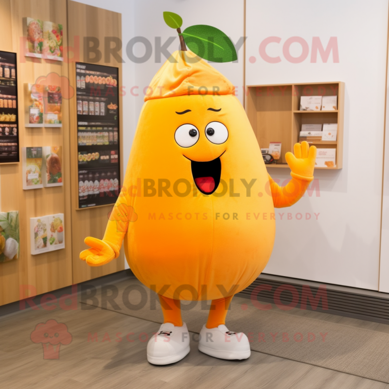 Orange Pear mascot costume character dressed with a T-Shirt and Beanies