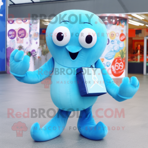 Sky Blue Octopus mascot costume character dressed with a Sweatshirt and Wallets