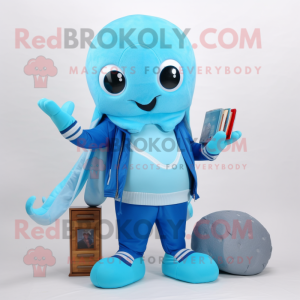 Sky Blue Octopus mascot costume character dressed with a Sweatshirt and Wallets