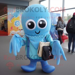 Sky Blue Octopus mascot costume character dressed with a Sweatshirt and Wallets